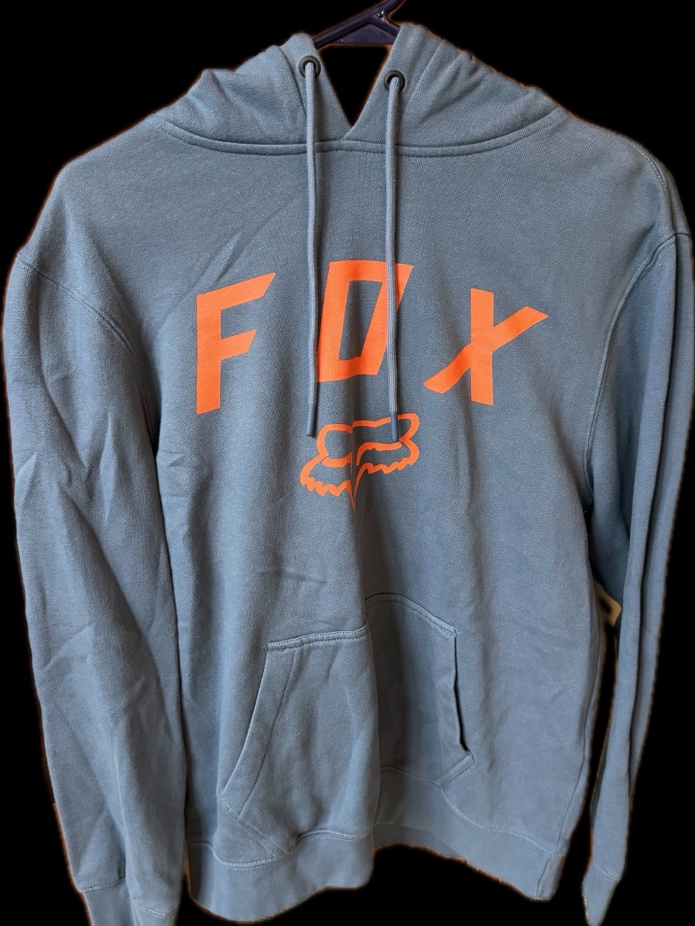 Fox Pullover Hoodie in Steel Blue with Bright Orange Logo